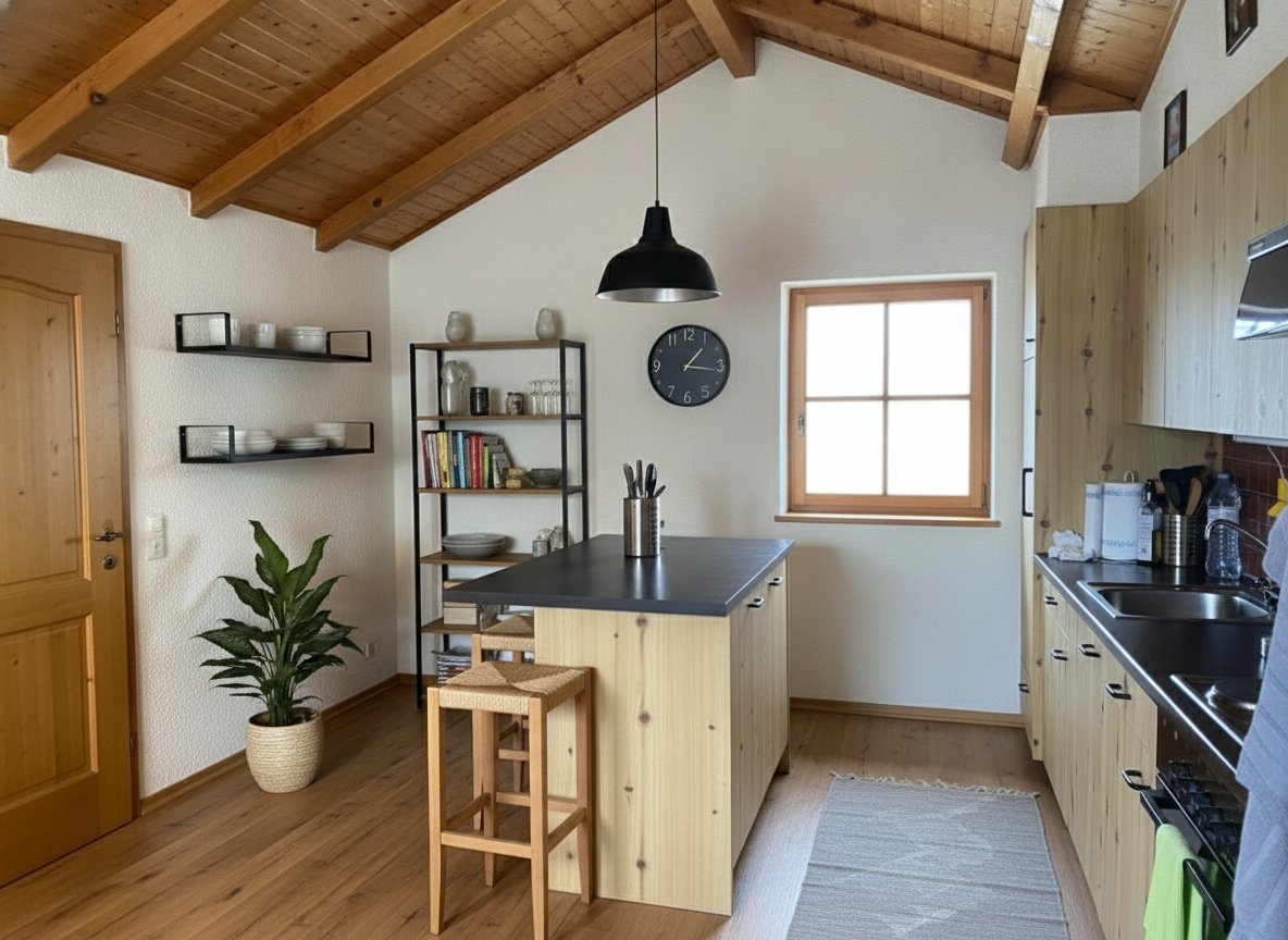 KI Küche mit Holzverkleidung und Fensterflächenöffnungen KI Küche mit Holzverkleidung und Fensterflächenöffnungen